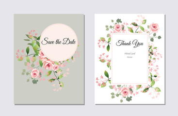 Set of postcards with flowers, leaves. Vector illustration. Decorative invitation to the holiday. Wedding, birthday. Universal card. Pink rose. Geometric framework.