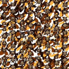 Leopard and African style spotted vector seamless pattern. Abstract white, orange and brown brushstroke, spots and gold mask symbols on black background for design, wallpaper, wrapping, cover, banner.