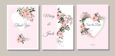 Set of cards with flowers, leaves. Vector illustration. Decorative invitation to the holiday. Wedding, birthday. Universal card.Pink rose. Heart.