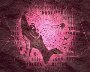 Humanoid robot head. Robotics industry relative image. Binary code on backdrop