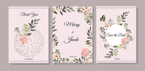 Set of cards with flowers, leaves. Vector illustration. Decorative invitation to the holiday. Wedding, birthday. Universal card. Template for text. Pink rose.