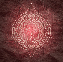 Muscular man posing. Bodybuilding coat of arms. Sporty style stamp. Connected lines with dots.