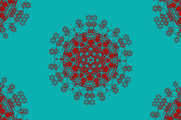 Abstract Christmas mandala background. Digital art painting and red mandala graphic design on blue background color.
