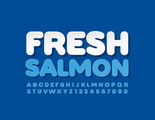 Vector modern sign Fresh Salmon with Uppercase Font. Blue Alphabet Letters and Numbers set 