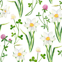 Watercolor narcissus and clover flower seamless pattern. Hand drawn daffodil and trifolium pratense illustration isolated on white background. Floral design for textile, wallpaper, wrapping, greeting