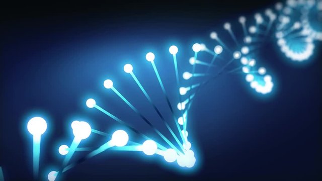 A spinning DNA spiral glowing in the dark. 3D-animation
