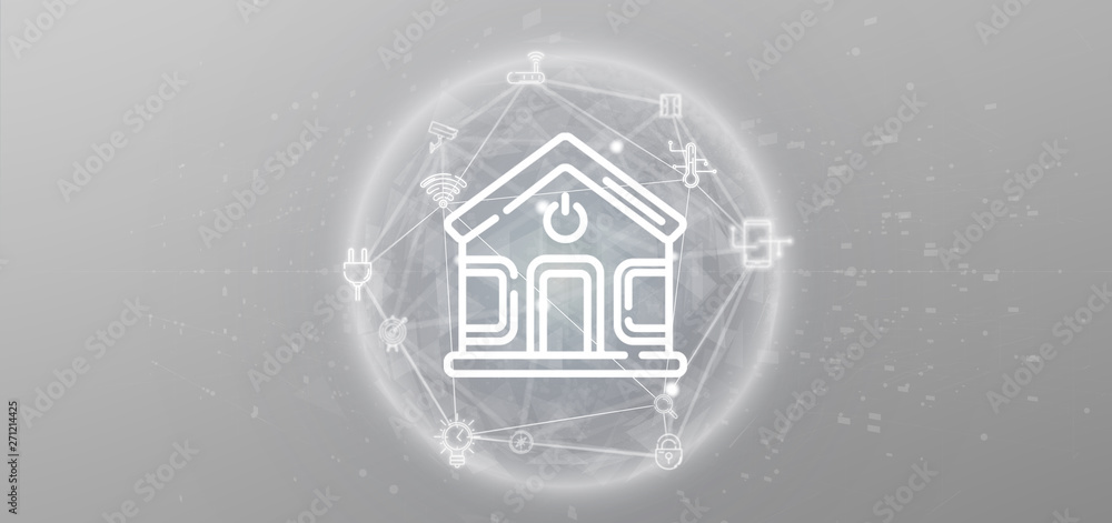 Poster smart home interface with icon, stats and data 3d rendering