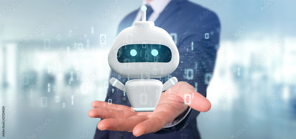 Poster businessman holding chatbot with binary code 3d rendering