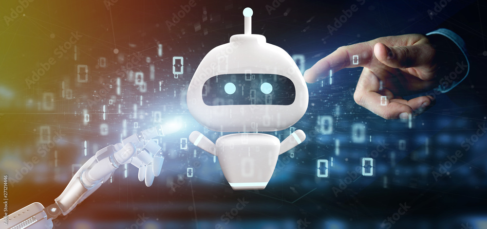 Poster cyborg hand holding chatbot with binary code 3d rendering