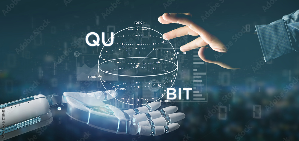 Poster cyborg hand holding quantum computing concept with qubit icon 3d rendering
