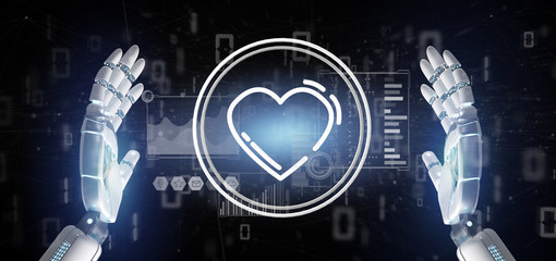 Cyborg hand holding a heart icon surrounded by data