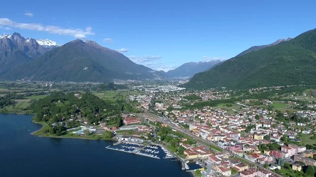 Panoramic view of Colico, village on lake of Como in Italy, aerial view
