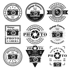 Photography and photo studio set of vector emblems