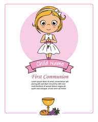Card my first communion girl. Praying girl.