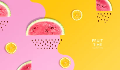 Keuken foto achterwand Creative layout made of watermelon, lemon. Flat lay. Food concept. Macro concept. Pink and yellow background. © StudioDFlorez