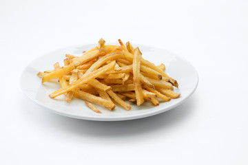 close  up view of nice yummy french fries on white back
