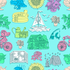 Seamless pattern with colorful summer drawings of travel objects, gardening, cottage house, flowers on blue. Vector background with hand drawn graphic doodles