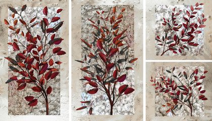 Collection of designer oil paintings. Decoration for the interior. Modern abstract art on canvas. A set of paintings with red, gray leaves on a decorative background. - 271216629