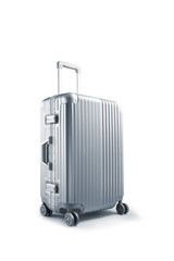 close up view of  nice metal  wheeled suitcase  on white background