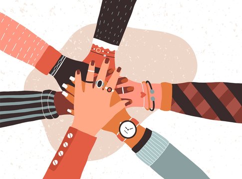 Hands of diverse group of people putting together. Concept of cooperation, unity, togetherness, partnership, agreement, teamwork, social community or movement. Flat cartoon vector illustration.