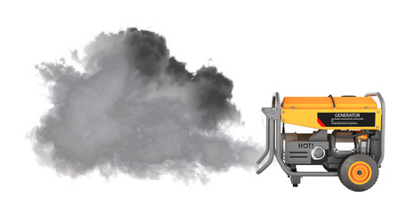 Ecology concept Illustration of pollution by exhaust gases Portable gasoline generator producing a lot of smoke isolated on a white background 3d render without shadow - obrazy, fototapety, plakaty