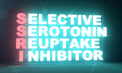 Acronym SSRI - Selective Serotonin Reuptake Inhibitor . Helthcare conceptual image. 3D rendering. Neon bulb illumination
