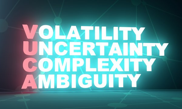 Acronym VUCA - volatility uncertainty complexity ambiguity. Business conceptual image. 3D rendering. Neon bulb illumination