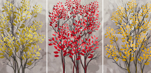Collection of designer oil paintings. Decoration for the interior. Modern abstract art on canvas. Set of pictures . Tree with red and yellow leaves.
