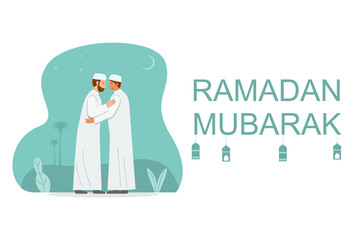 Muslim people hug each other as they celebrate Ramadan. Vector Illustration