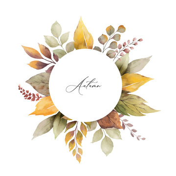 Watercolor vector autumn frame with leaves and branches isolated on white background.