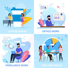 Set Flat Banner Coffee Break, Office Work Cartoon.