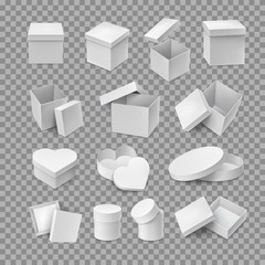 Various cardboard boxes mockup set. White containers in square, round and love heart shapes. Realistic plastic boxes isolated on transparent background. Blank packaging case vector illustration.