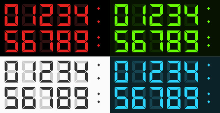 Vector complete set of led style digital clock numbers (0-9) in four different color combinations
