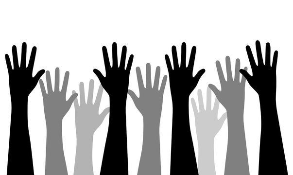 Flat and elegant graphic style vector concept illustration of different multiracial raised hands isolated on white background