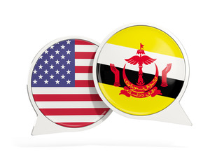 Flags of United States and brunei inside chat bubbles