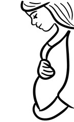 Vector hand drawn illustration of happy pregnant woman side view