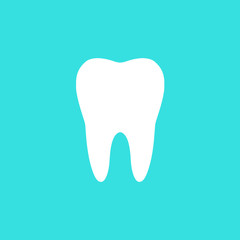 Vector flat simple style illustration of a white tooth silhouette icon isolated on blue backdround - medical, dentist related graphic 