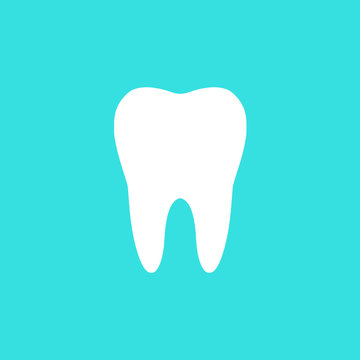 Vector flat simple style illustration of a white tooth silhouette icon isolated on blue backdround - medical, dentist related graphic 