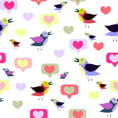 Vector seamless pattern with cartoon birds and hearts. Spring, summer design