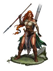 Red-haired girl warrior with a spear on rock. Realistic illustration isolate.