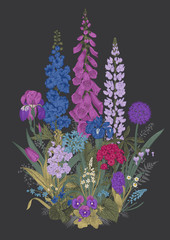 Lovely Garden. Flowerbed. Vintage illustration. Spring and summer garden flowers. Dark color © OlgaKorneeva