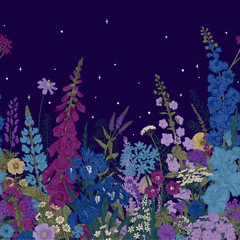 Lovely Garden. Border. Summer night. Vintage illustration. Spring and summer garden flowers on a purple background © OlgaKorneeva