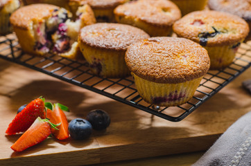 Blueberry muffins on cooling rack