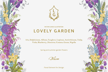 Lovely Garden. Vector horizontal card. Vintage floral elements. Spring and summer garden flowers