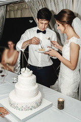 Stylish gorgeous bride and elegant groom cutting and tasting  unusual white wedding cake