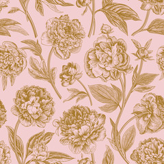 Seamless pattern. Classic peonies. Vector botanical illustration. Coral and gold  © OlgaKorneeva