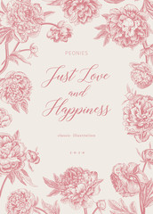 Vintage vector floral illustration. Wedding invitation. Peonies. Coral and white © OlgaKorneeva