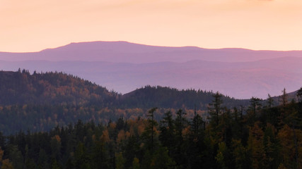 South Urals. Autumn mountains at sunset.