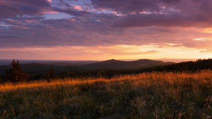 Fototapeta na wymiar South Urals. Autumn mountains at sunset.