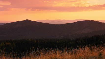 South Urals. Autumn mountains at sunset.